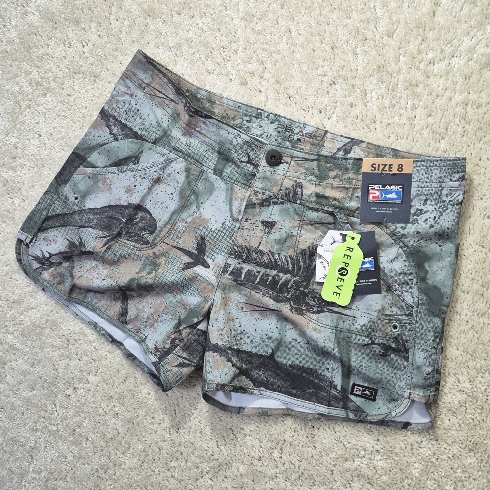 Pelagic Moana Hybrid Shorts Green Camo Womens 8 Performance Surf Swim Marine New